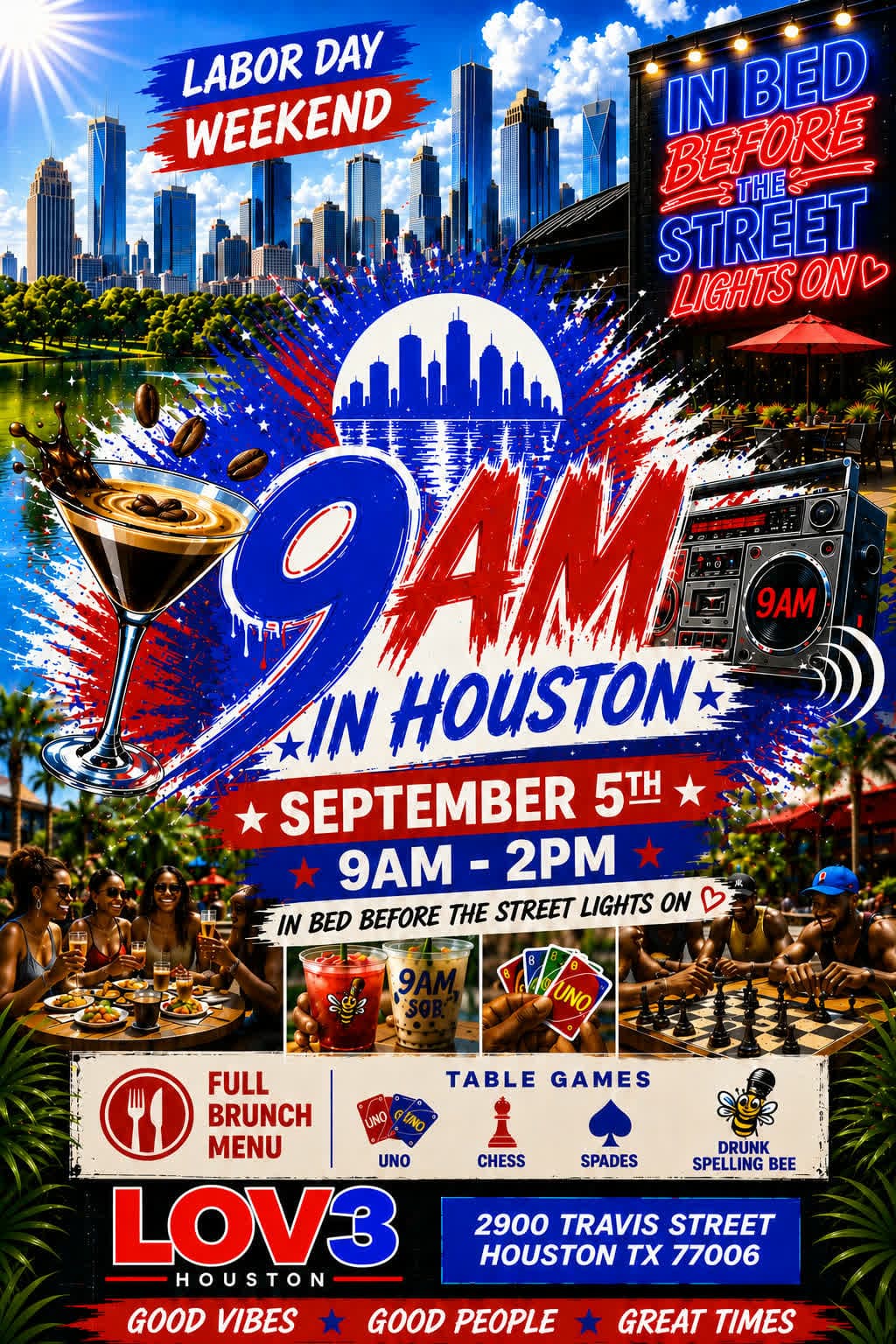9AM in Houston — Labor Day Weekend day party, Saturday September 5, 9 AM to 2 PM at LOV3 Houston