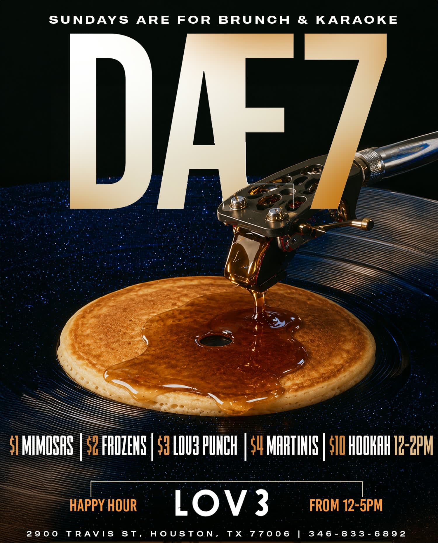 DAE7 Brunch & Karaoke Sundays at LOV3 — $1 mimosas, $2 frozens, $3 LOV3 punch, happy hour 12–5 PM
