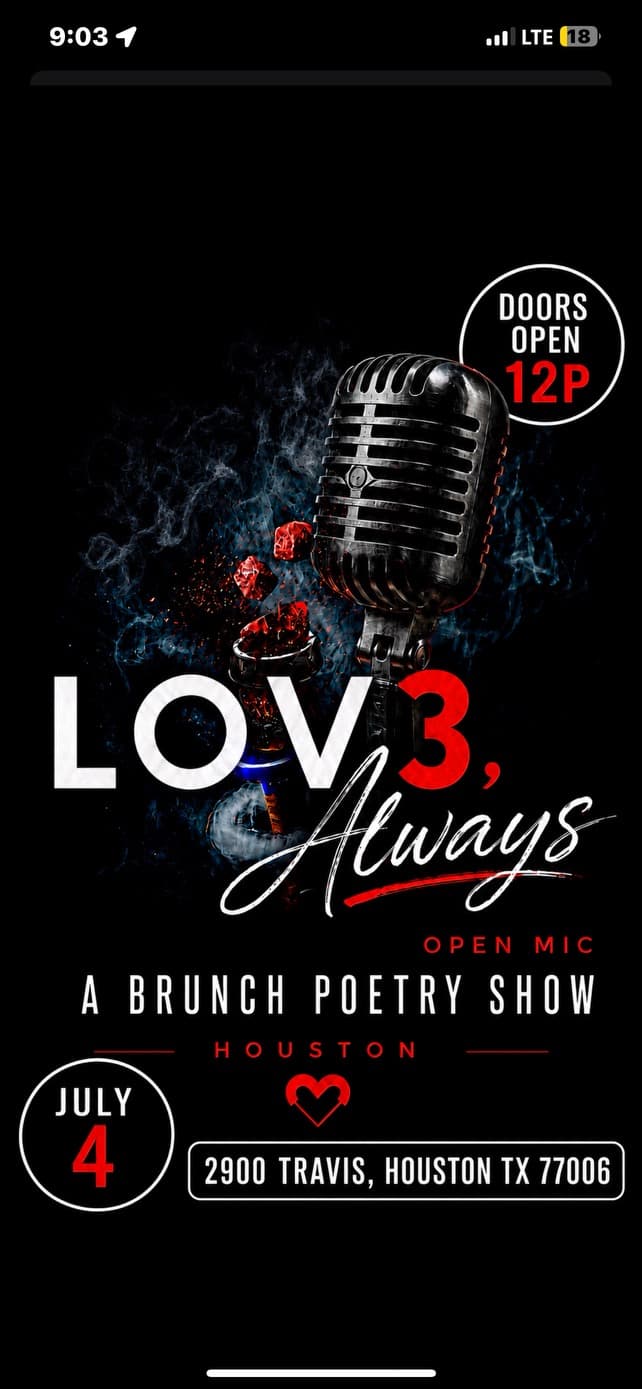 LOV3 Always — Saturday Open Mic at LOV3 HTX — launch flyer